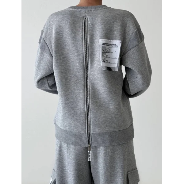 Sırtı Fermuar Detaylı Baskılı Sweatshirt Gri