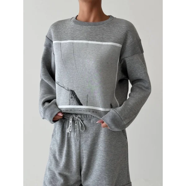 Sırtı Fermuar Detaylı Baskılı Sweatshirt Gri