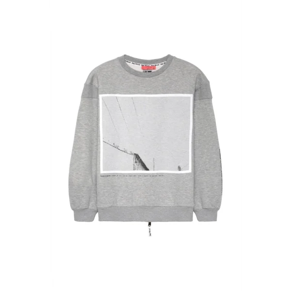 Sırtı Fermuar Detaylı Baskılı Sweatshirt Gri