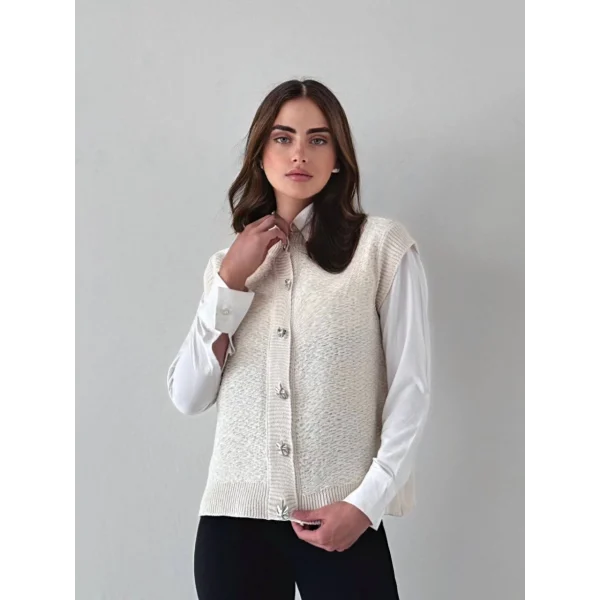 Düğme Detay Triko Yelek Ekru