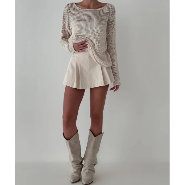 File Detay Uzun Kollu Krem Triko