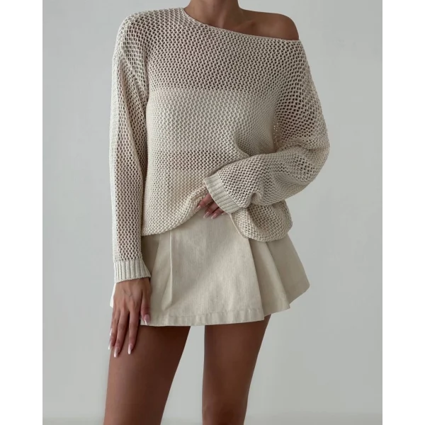 File Detay Uzun Kollu Krem Triko