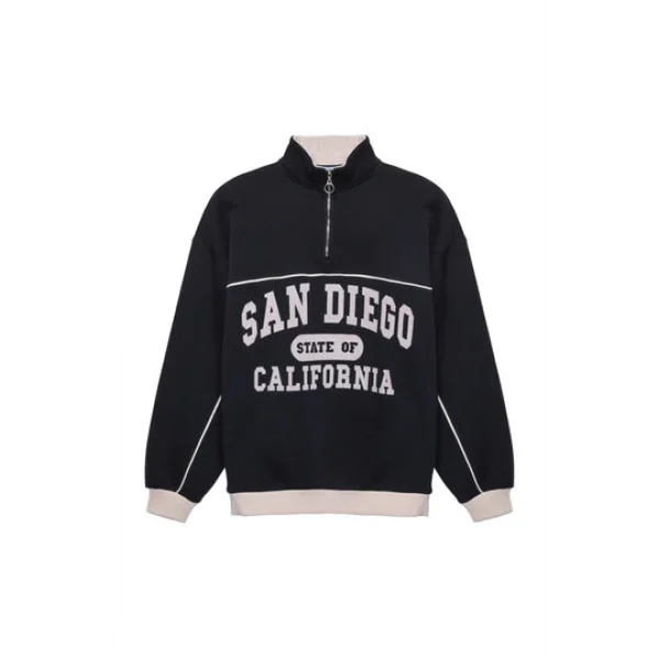 Balıkçı Yaka Yazılı Oversize Sweatshirt Lacivert