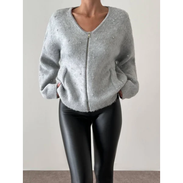 TAŞ DETAY FERMUARLI HIRKA GRİ