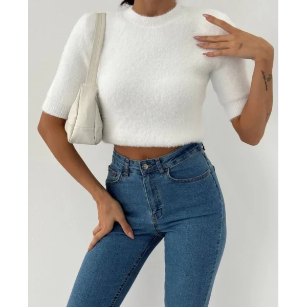 Bisiklet Yaka Kapri Kol Sakallı Beyaz Kazak