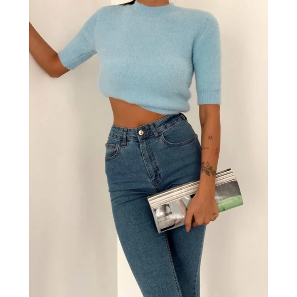 Bisiklet Yaka Kapri Kol Sakallı Mavi Kazak