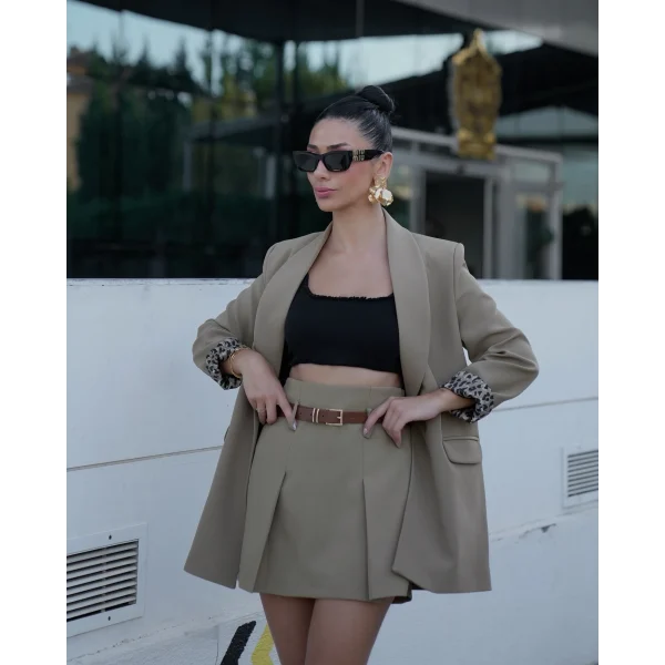 Leopar Astarlı Şal Yaka Blazer Ceket Haki