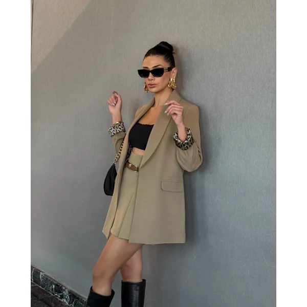 Leopar Astarlı Şal Yaka Blazer Ceket Haki