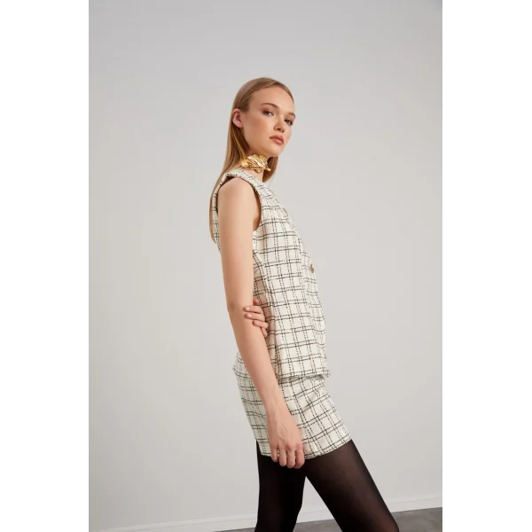 Ekose Desenli Yelek Şort Takım Ekru