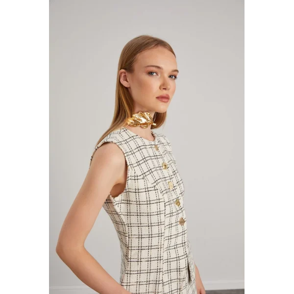 Ekose Desenli Yelek Şort Takım Ekru