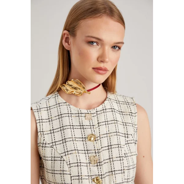 Ekose Desenli Yelek Şort Takım Ekru