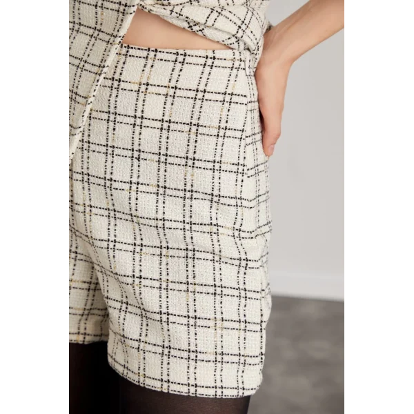 Ekose Desenli Yelek Şort Takım Ekru