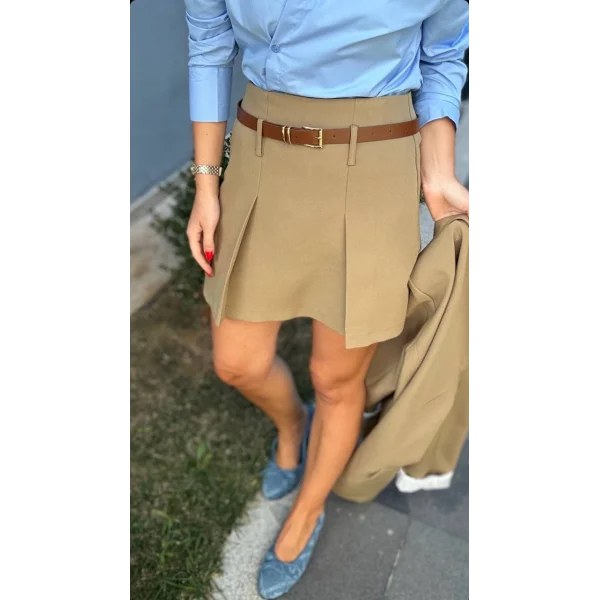 Atlas Kumaş Kemer Detay Şort Etek Haki