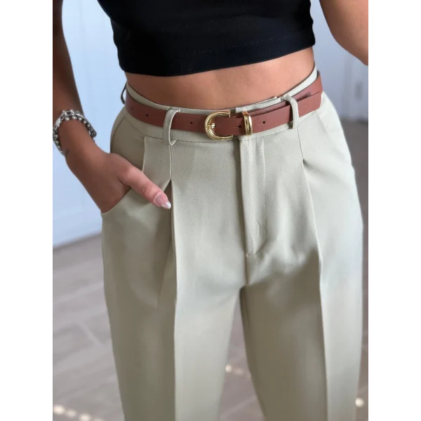 Yüksek Bel Kemerli Havuç Pantolon Açık Yeşil