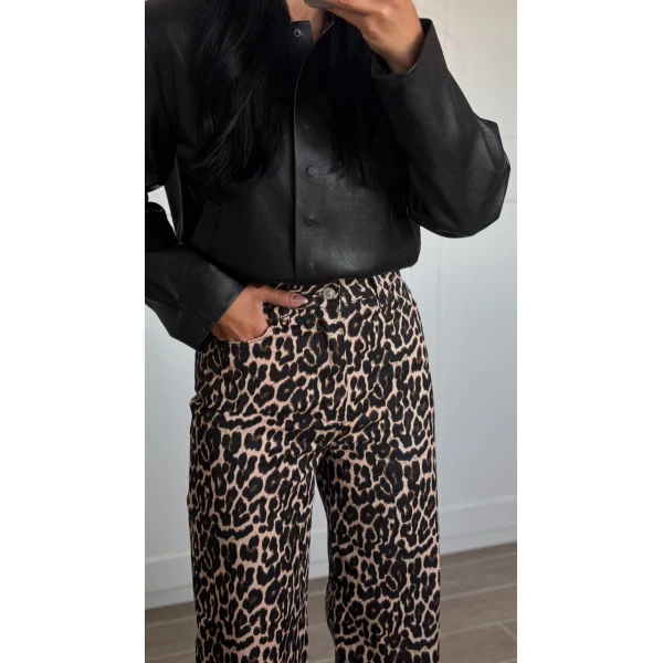 Leopar Desen Yüksek Bel Gabardin Pantolon