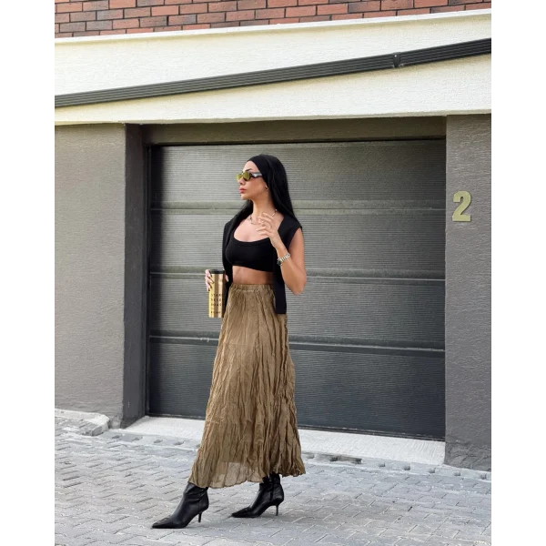 Kırışık Modal Kumaş Uzun Astarlı Etek Olive Yeşil