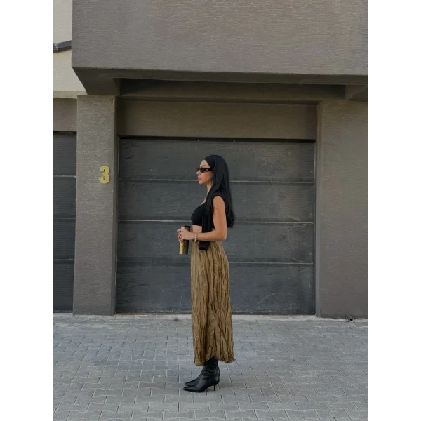 Kırışık Modal Kumaş Uzun Astarlı Etek Olive Yeşil