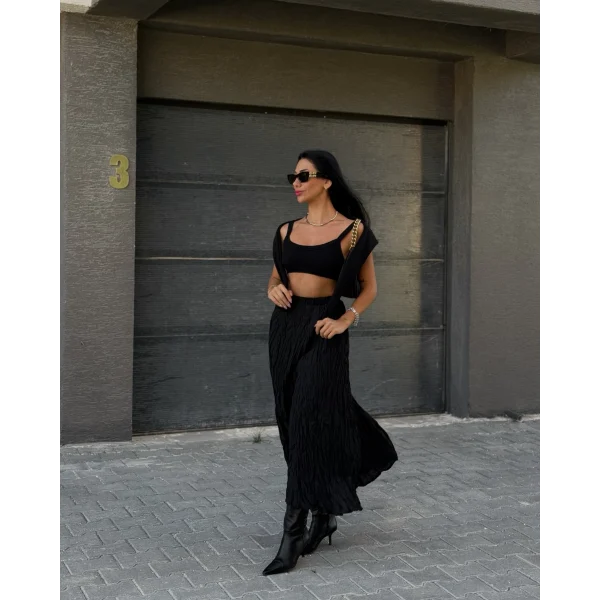 Kırışık Modal Kumaş Uzun Astarlı Etek Siyah