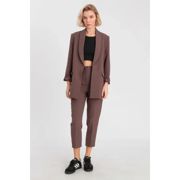 Leopar Astarlı Şal Yaka Blazer Ceket Kahverengi