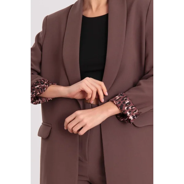Leopar Astarlı Şal Yaka Blazer Ceket Kahverengi