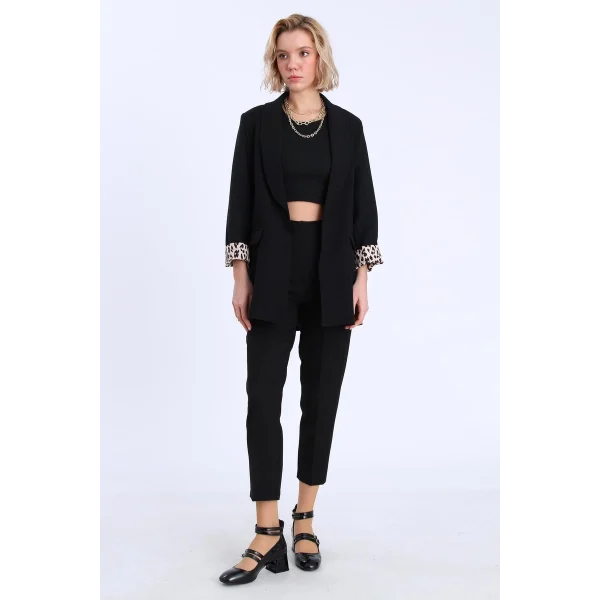 Leopar Astarlı Şal Yaka Blazer Ceket Siyah