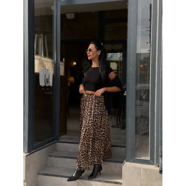 Kırışık Leopar Desen Etek