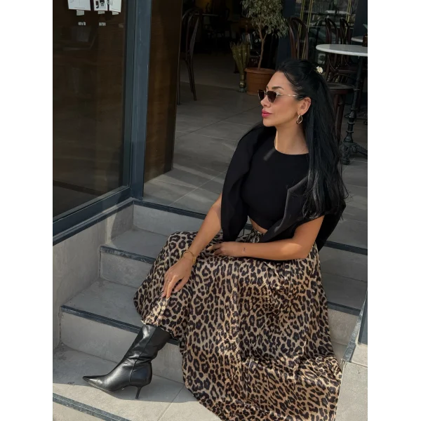 Kırışık Leopar Desen Etek