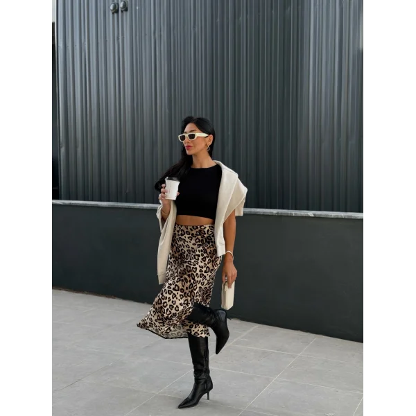 Leopar Desen Saten Etek