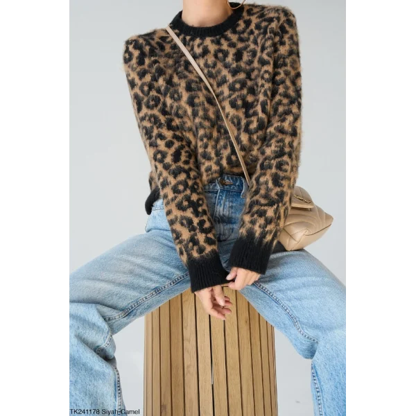 LEOPAR DESEN ŞARDONLU KAZAK