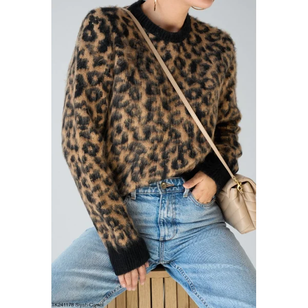 LEOPAR DESEN ŞARDONLU KAZAK