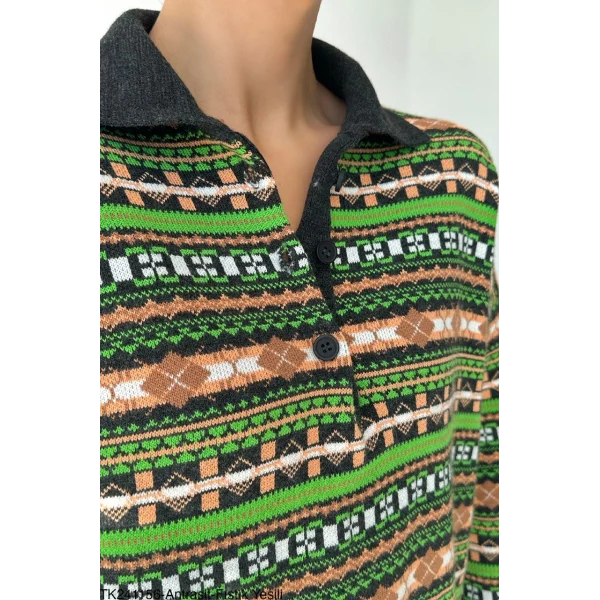 Çok Renkli Polo Yaka Kilim Desenli Triko