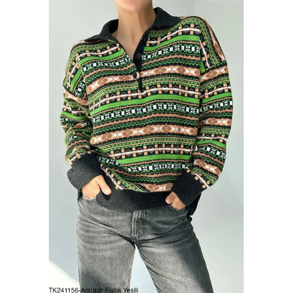 Çok Renkli Polo Yaka Kilim Desenli Triko