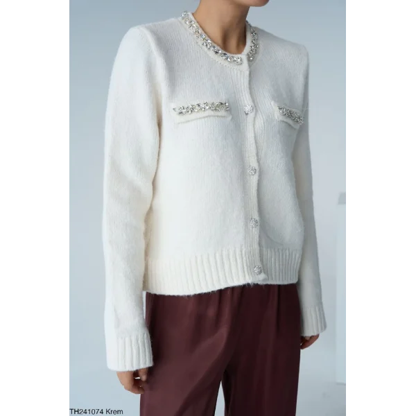 Taş İşlemeli Ekru Hırka