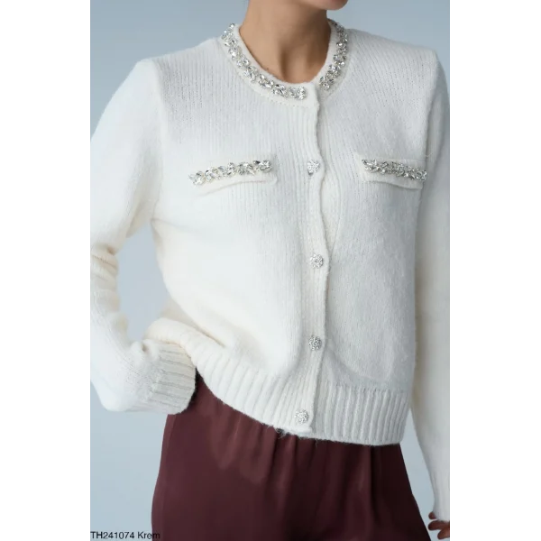 Taş İşlemeli Ekru Hırka