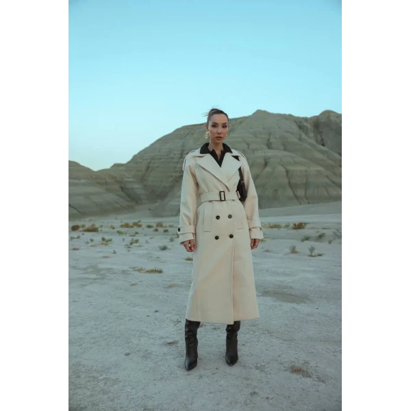 Apolet Detaylı Kuşaklı Bej Yün Kaban