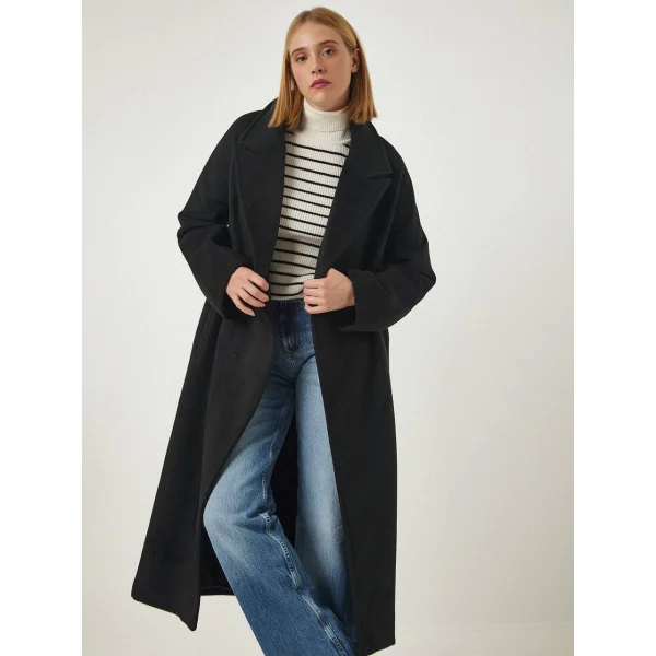 Kuşak Kapamalı Siyah Yün Kaban