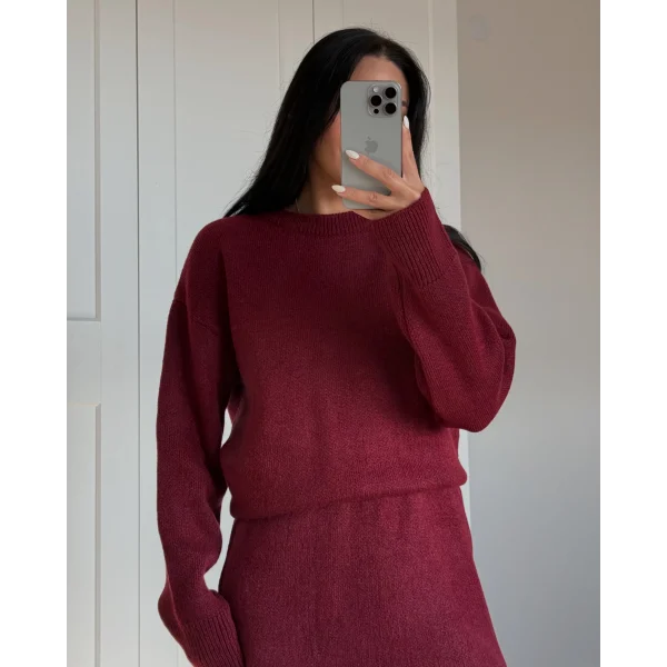 Bordo İkili Etek Kazak Triko Takım