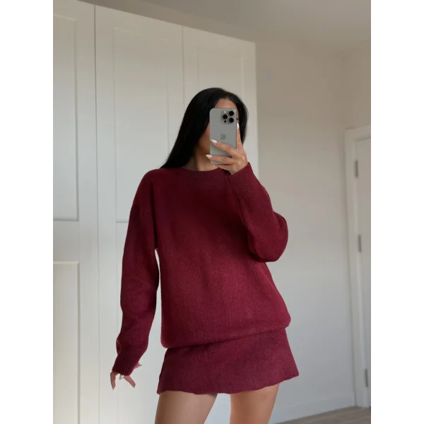 Bordo İkili Etek Kazak Triko Takım