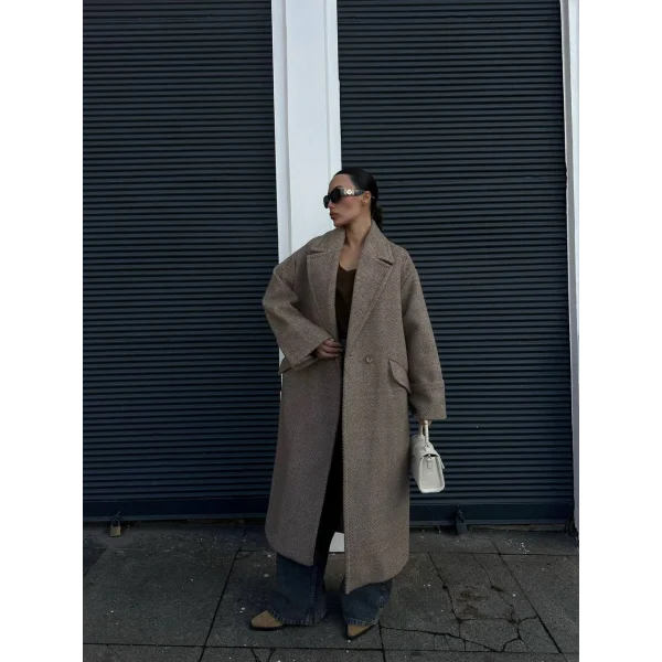 Kahverengi Balıksırtı Desenli Oversize Kaban