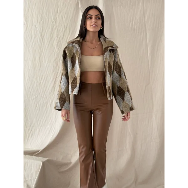 Baklava Desen Jakar Ceket Kahve