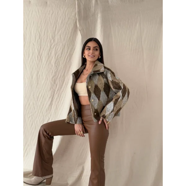 Baklava Desen Jakar Ceket Kahve