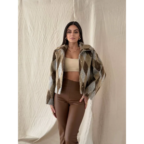 Baklava Desen Jakar Ceket Kahve