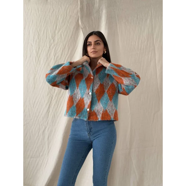 Baklava Desen Jakar Ceket Turuncu