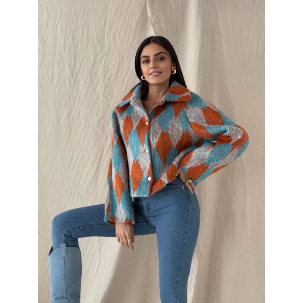 Baklava Desen Jakar Ceket Turuncu