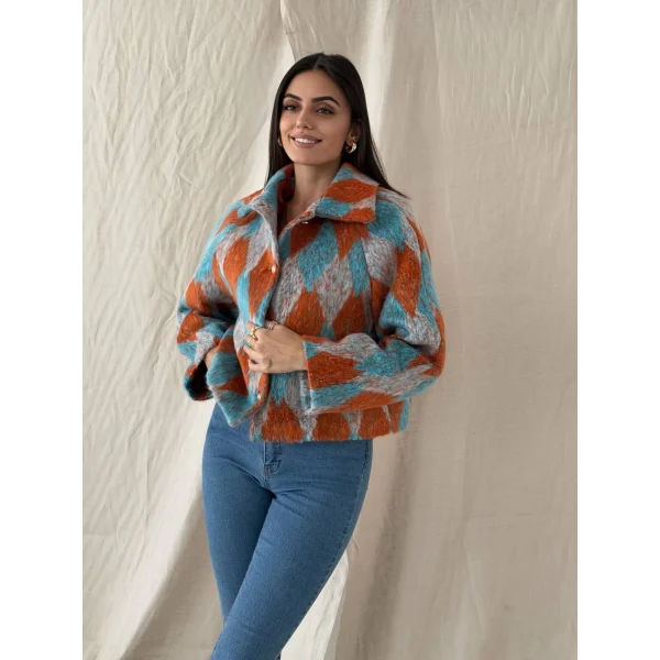 Baklava Desen Jakar Ceket Turuncu