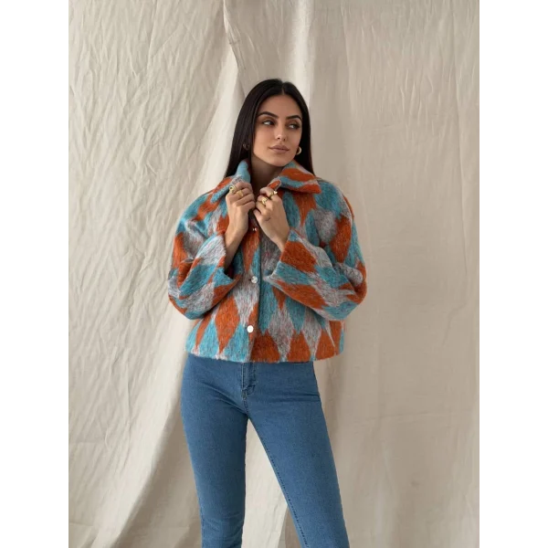 Baklava Desen Jakar Ceket Turuncu