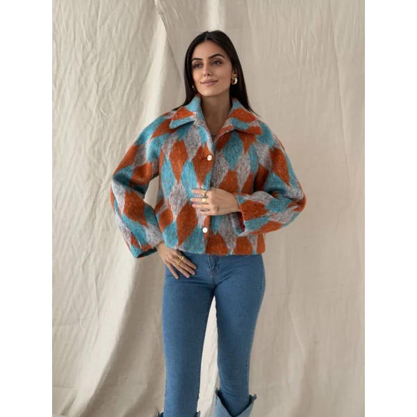 Baklava Desen Jakar Ceket Turuncu