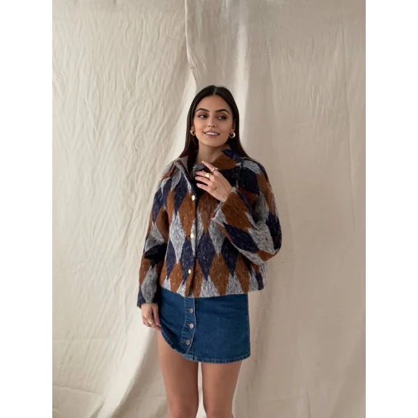 Baklava Desen Jakar Ceket Lacivert