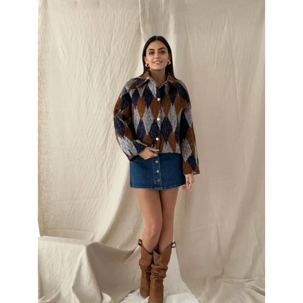 Baklava Desen Jakar Ceket Lacivert