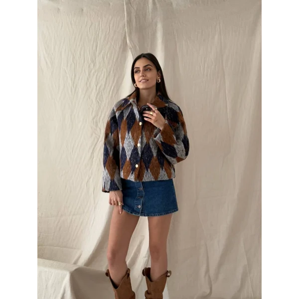 Baklava Desen Jakar Ceket Lacivert